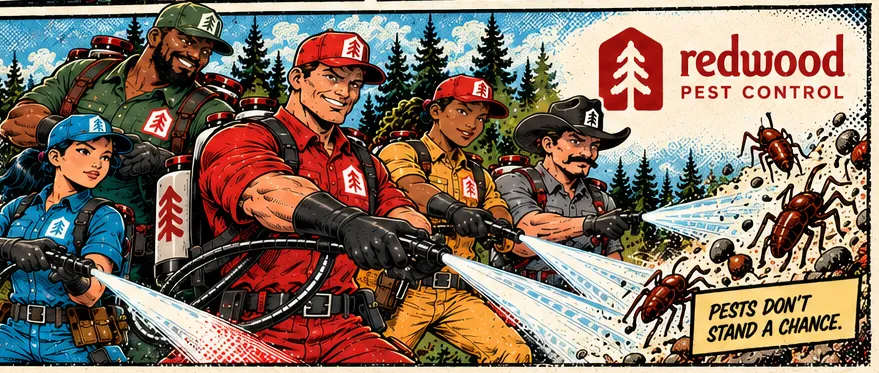 The Redwood Team sprays back a wave of pests beside the Redwood Pest Control logo. Pests don't stand a chance.