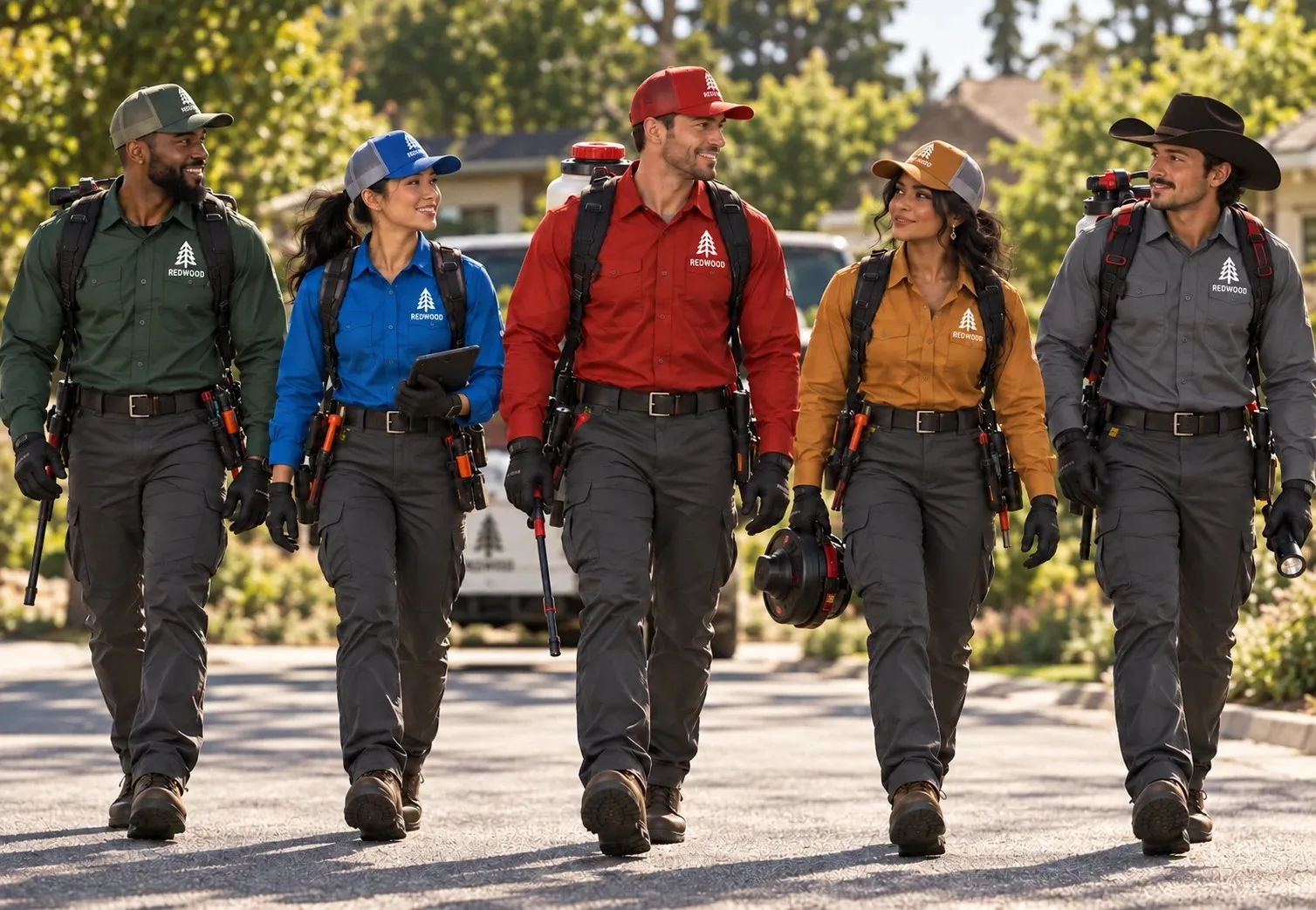 Five Redwood technicians in green, blue, red, orange and grey uniforms walking down a neighborhood street