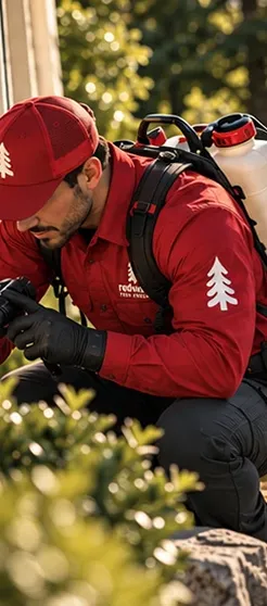 A Redwood technician inspecting the base of a home with a flashlight