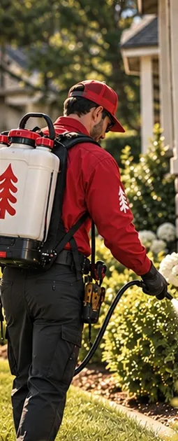 A Redwood technician spraying the flower beds along a home